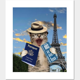 Cat Kitty Kitten Tourist In Paris France Eiffel Tower Funny Posters and Art